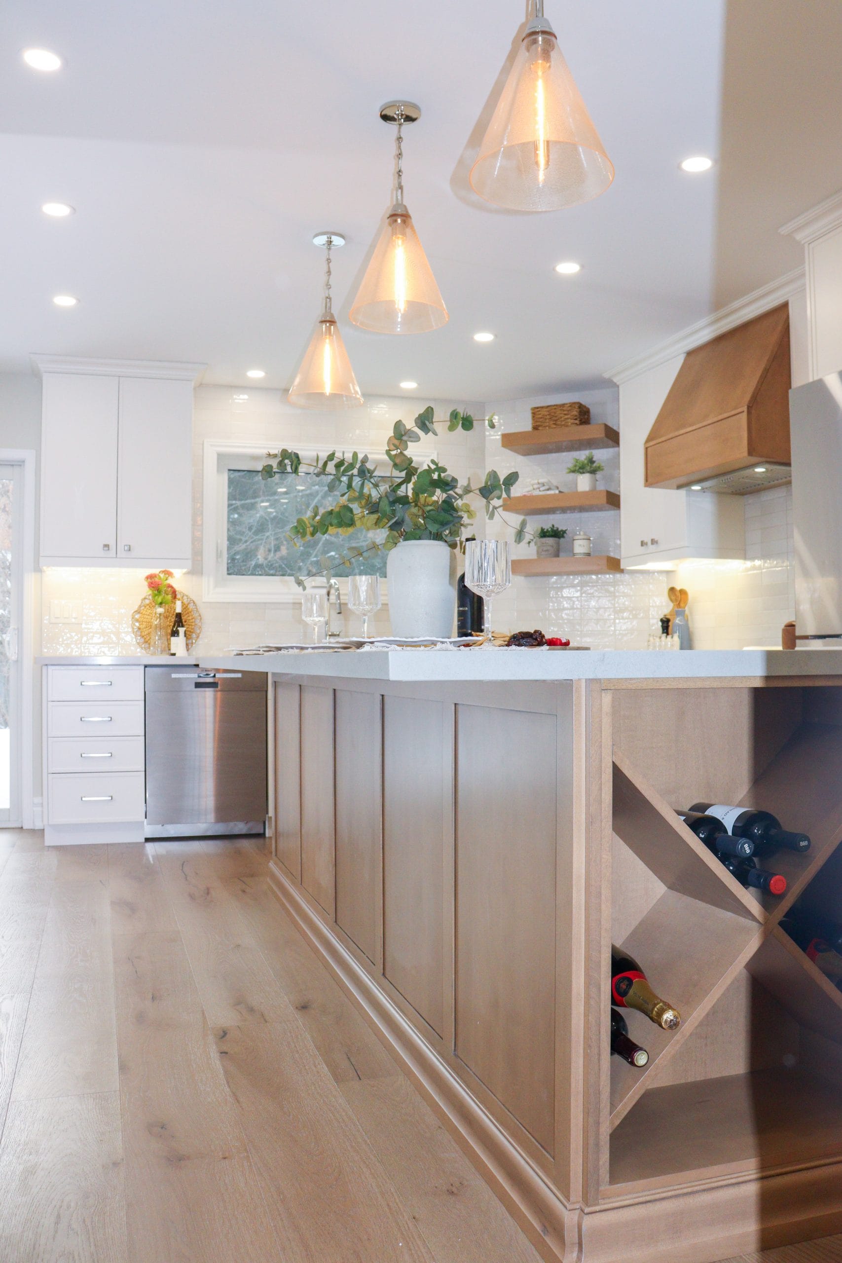 Oak Island With Wainscotting with Wine Bottle Storage