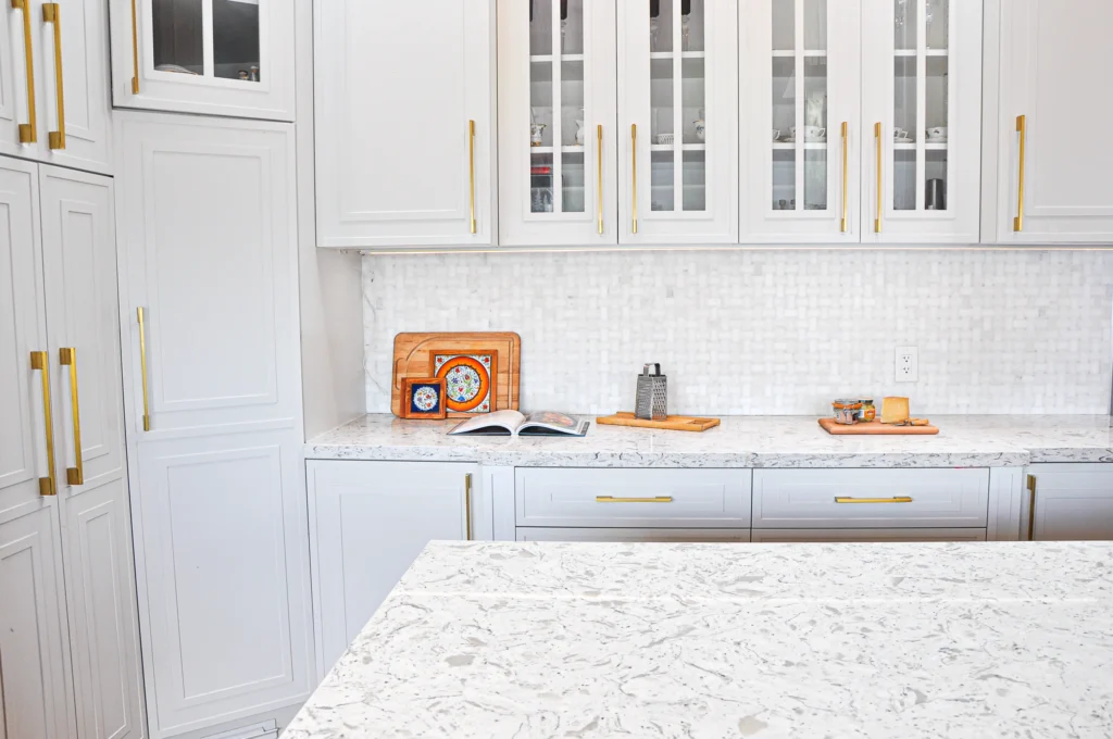 gold hardware and white kitchen cabinets, kitchen renovation burlington