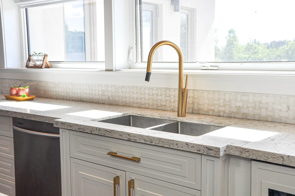gold hardware and white kitchen cabinets, kitchen renovation burlington