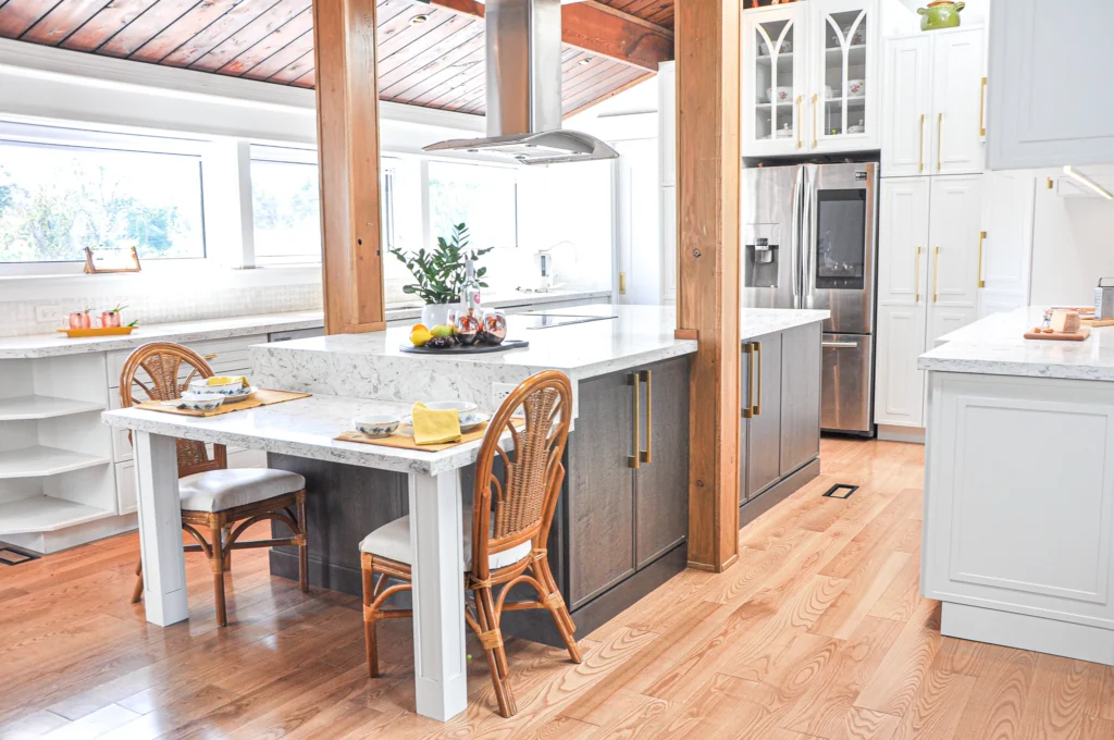 wood beams in kitchen, large kitchen renovation burlington